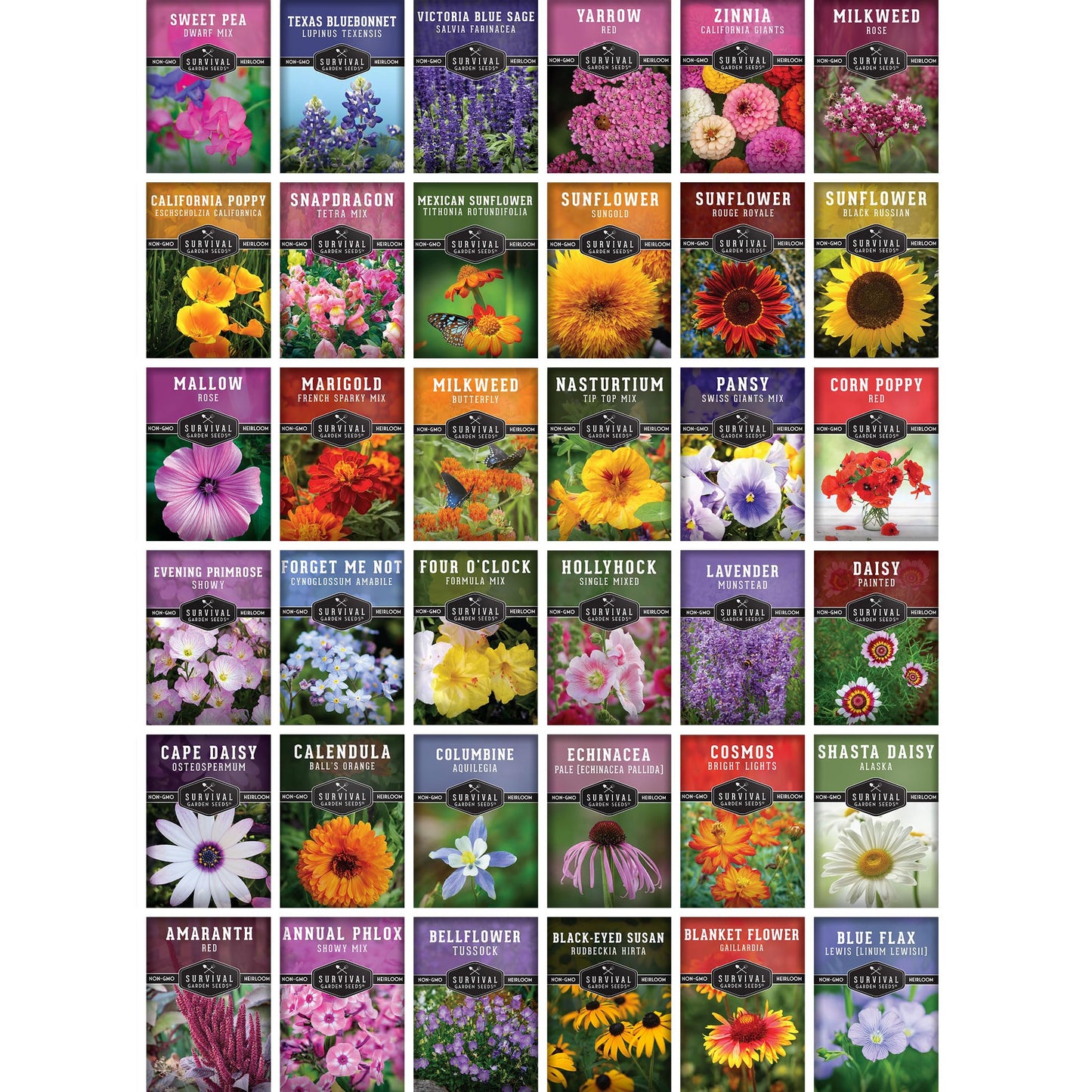 10 Flower Seed Collection for Planting | Zinnia, Sunflower, Marigold, Snapdragon, Nasturtium, Morning Glory, Chamomile, Shasta Daisy, Purple Coneflower, Four O’Clock - Survival Garden Seeds