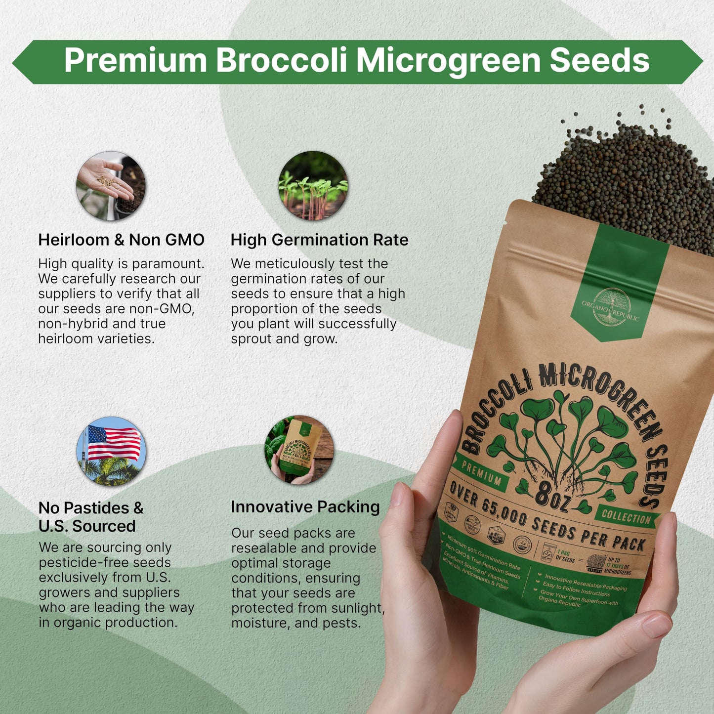 Organo Republic Arugula Sprouting & Microgreens Seeds - 55,000 Non-GMO Heirloom Seeds, Sprouts in 4 oz Resealable Bag for Planting & Growing Microgreens in Soil, Coconut Coir, Aeroponic & Hydroponic