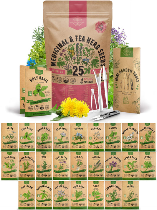 35 Medicinal & Tea Herb Seeds Variety Pack for Indoor & Outdoors. 16,335+ Non-GMO Heirloom Garden Seeds: Anise, Bergamot, Borage, Cilantro, Chamomile, Dandelion, Rosemary Seeds & More