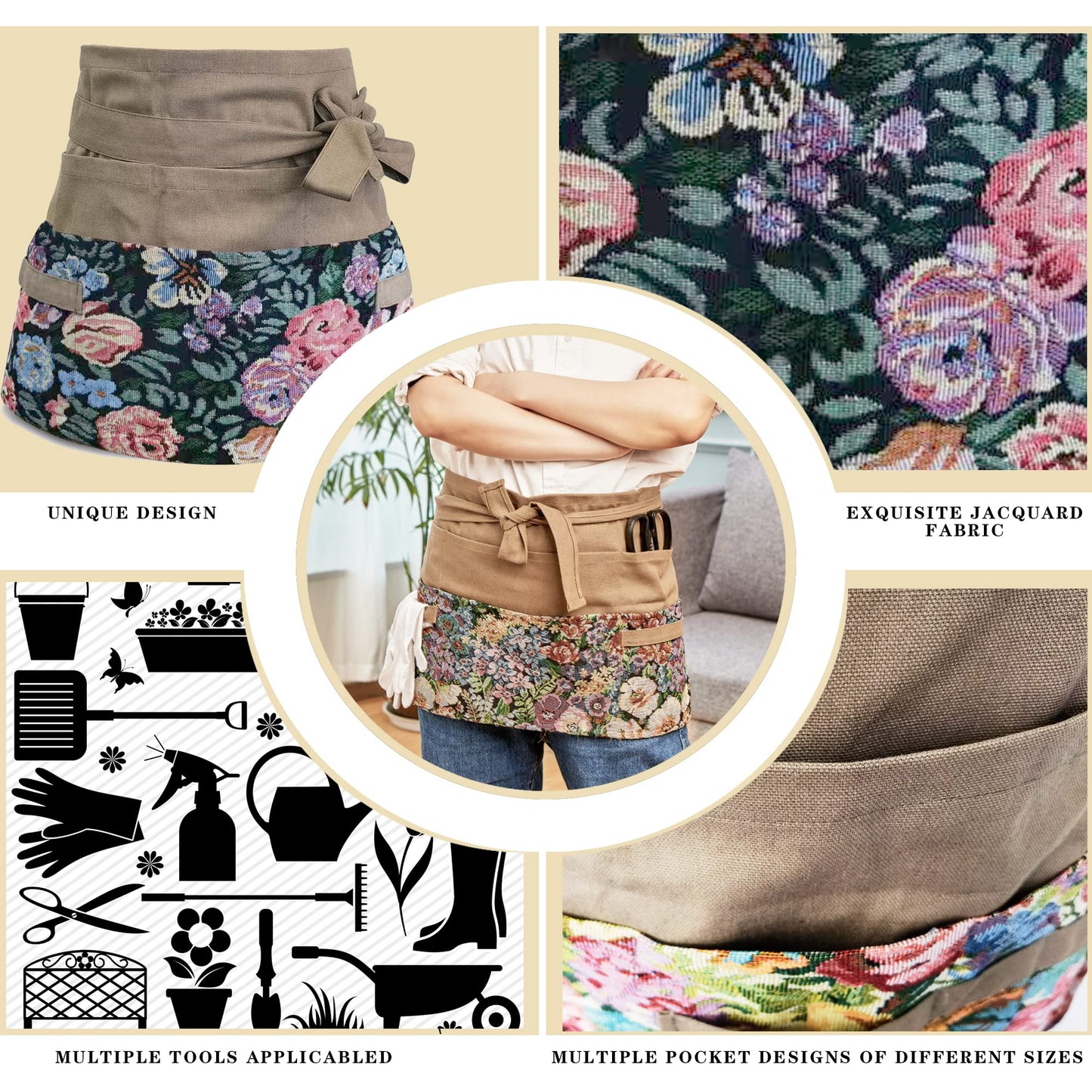 Garden Apron for Woman, Serve Apron Cute, Flora Half Apron with 8 Pockets, Valentines Gift for Mom Wife Girlfriend