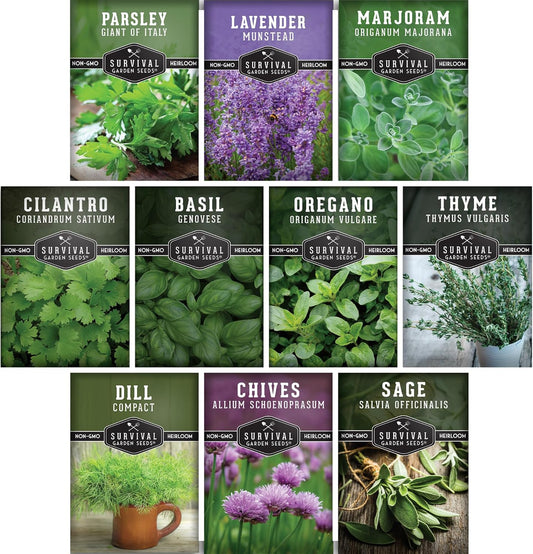 Herb Seeds Variety Pack | 10 Culinary Herbs for Planting – Basil, Cilantro, Lavender, Dill, Parsley, Oregano, Thyme, Sage, Chives, Marjoram – Indoor Kitchen Herb Kit – Survival Garden Seeds
