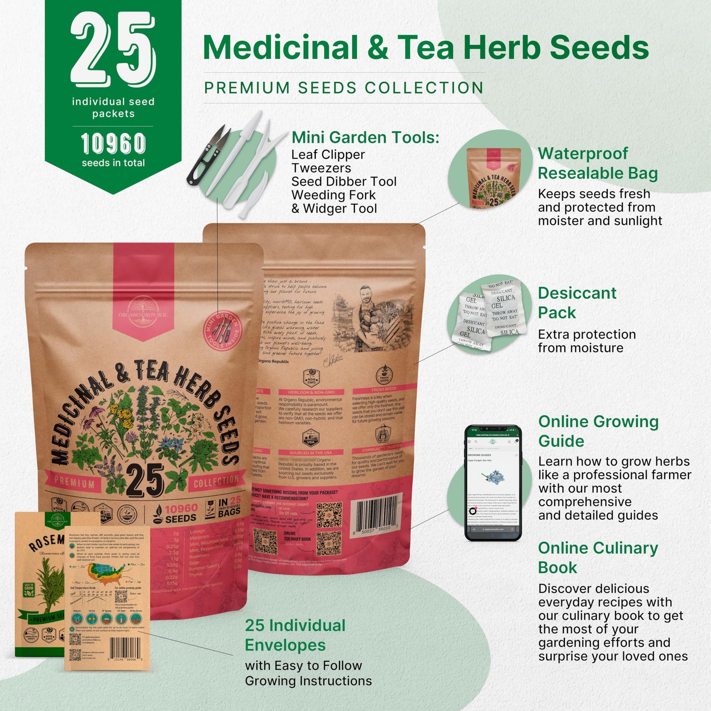35 Medicinal & Tea Herb Seeds Variety Pack for Indoor & Outdoors. 16,335+ Non-GMO Heirloom Garden Seeds: Anise, Bergamot, Borage, Cilantro, Chamomile, Dandelion, Rosemary Seeds & More