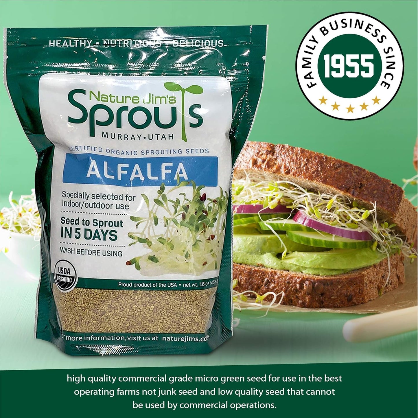 Nature Jims Sprouts Alfalfa Seeds – Non-GMO Organic Sprout Growing Kit for Planting – Premium Resealable Bag for Fresh Homegrown Sprouting Seeds – Rich in Nutrients, Vitamins, Fiber & Minerals – 16oz