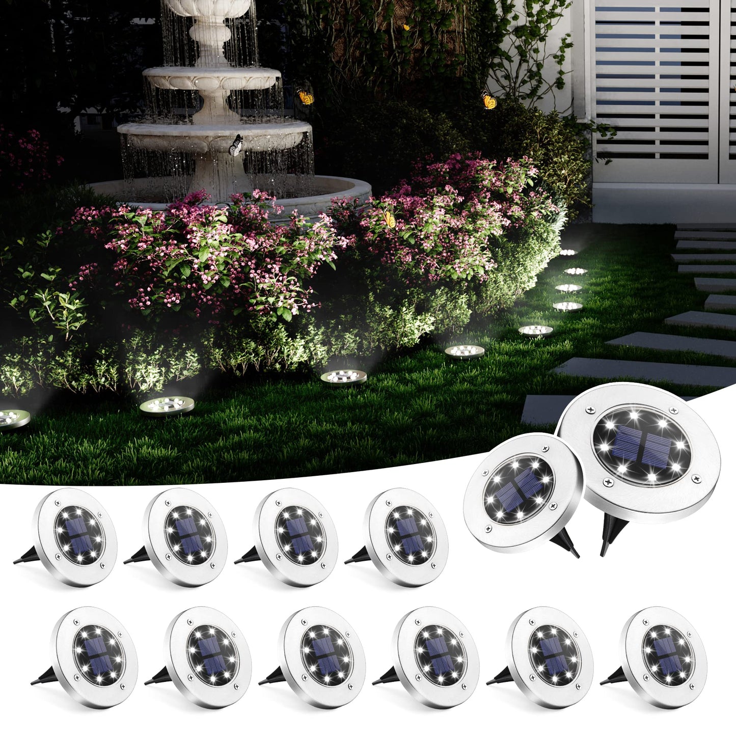 SOLPEX Solar Ground Lights, 12 Pack Solar Lights Outdoor Waterproof, 8 LED Solar Powered Landscape Lighting for Garden Yard Patio Pathway Driveway Walkway (Cool White)